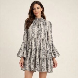 Altar'd State Snakeskin Tiered Mini Dress Small Bell Sleeve Boho Gypsy Babydoll